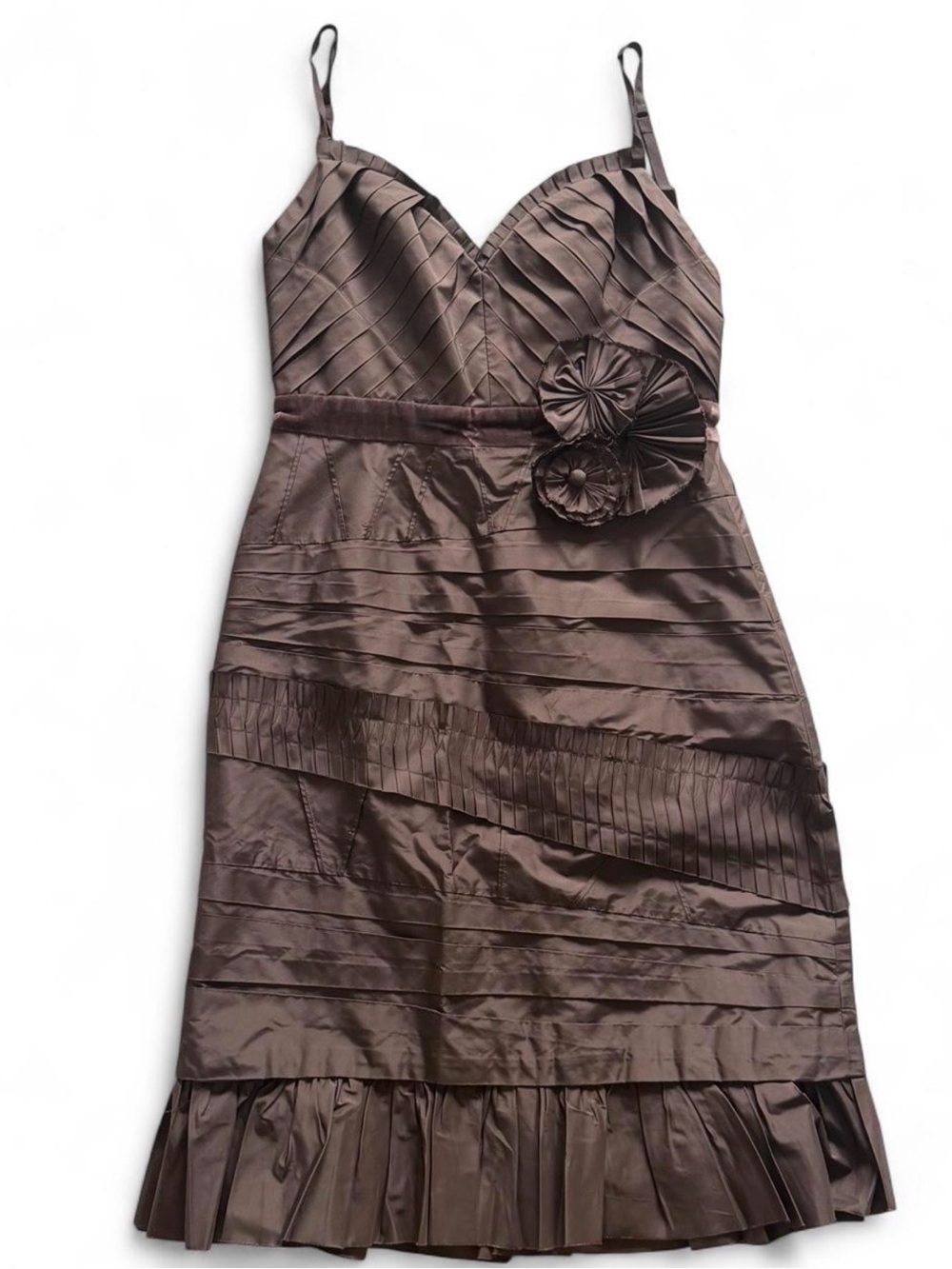 BCBGMaxAzria Brown Pleated Midi Dress with Floral Waist Detail